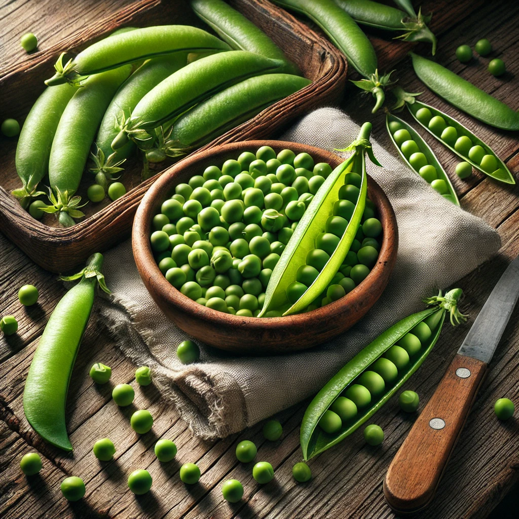 A képen friss, zöld színű borsó látható hüvelyekben és kifejtve, fából készült asztalon, természetes fényviszonyok között, rusztikus konyhai hangulatban.