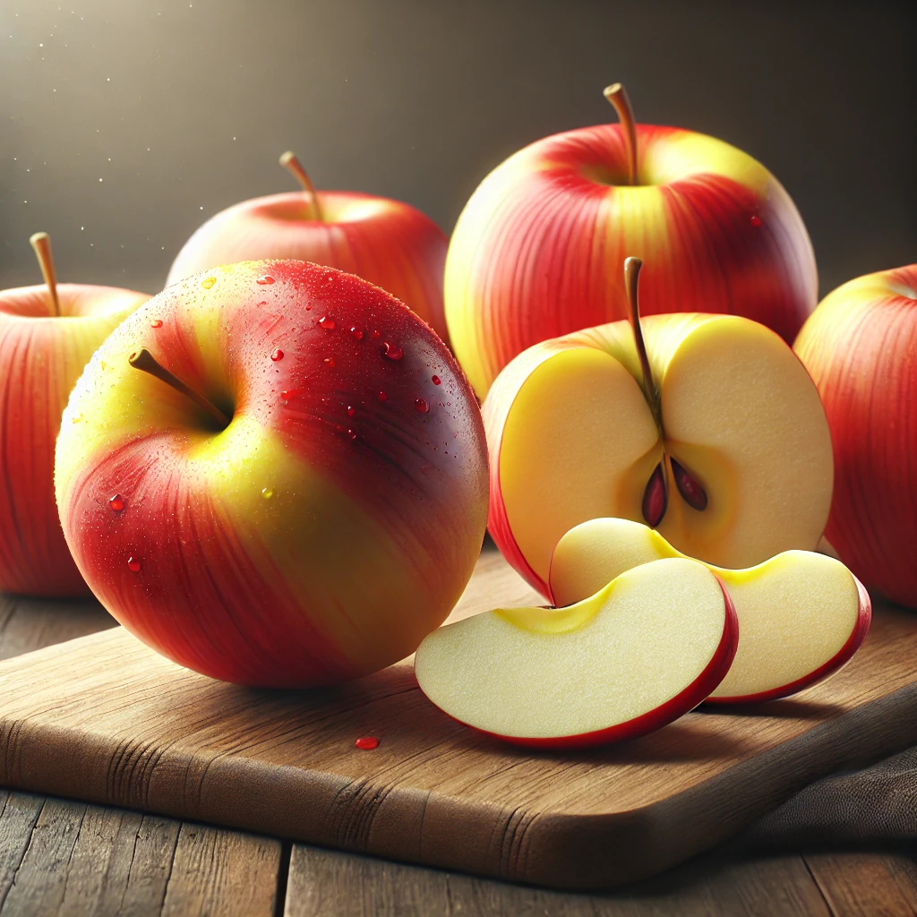 A képen friss Braeburn almák láthatók, néhány szeletelve, kiemelve a ropogós fehér belsőt.