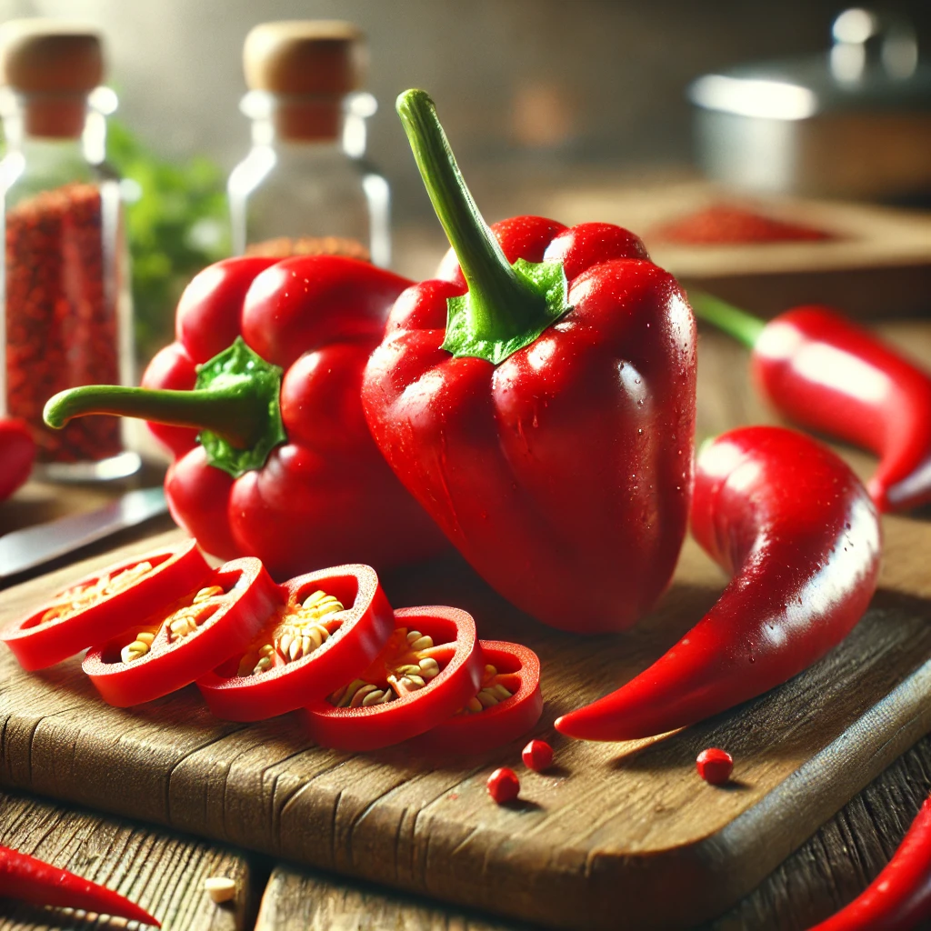 Fotó friss piros chilipaprikáról, részben felvágva, jól látható magokkal és élénk színnel, konyhai háttérrel.