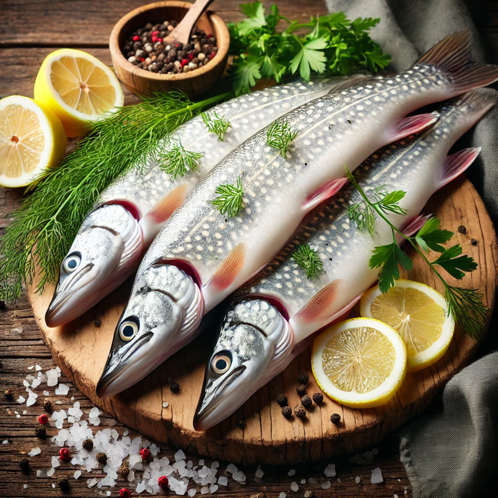 A képen világos fehér csukafilék láthatók rusztikus fa vágódeszkán, citromkarikákkal, kaporral, fekete borssal és petrezselyemmel körítve.