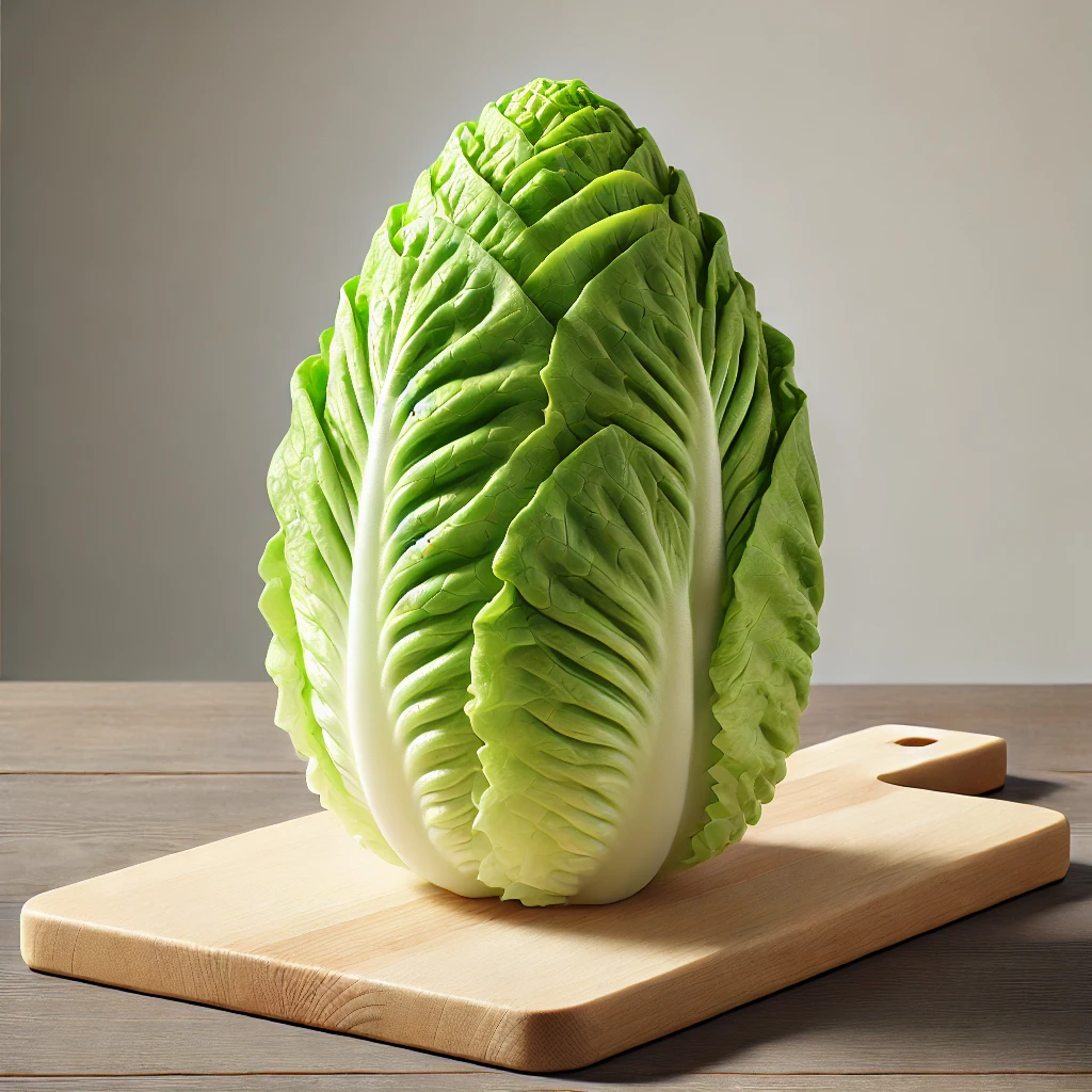 A képen friss cukorsüveg saláta látható, világos zöld levelekkel, rendezetten elhelyezve egy vágódeszkán.