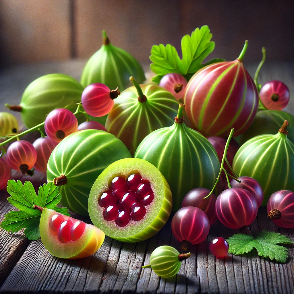 A képen friss, egészben és szeletelve látható egres gyümölcsök szerepelnek, áttetsző héjjal, zöld és vörös színben, fa felületen levelekkel díszítve.