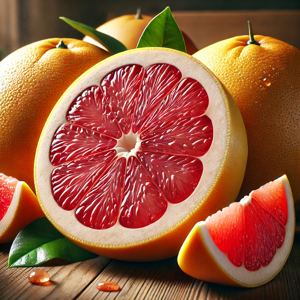 A képen egy félbevágott grapefruit látható élénk rózsaszín belsővel, mellette egész gyümölcsök és néhány zöld levél természetes fa háttéren.