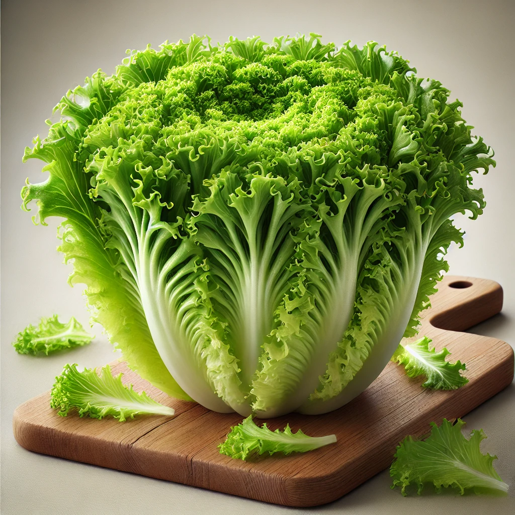 A képen friss frisée saláta (cikória) látható, fodros, zöld levelekkel, rendezetten elhelyezve egy vágódeszkán.