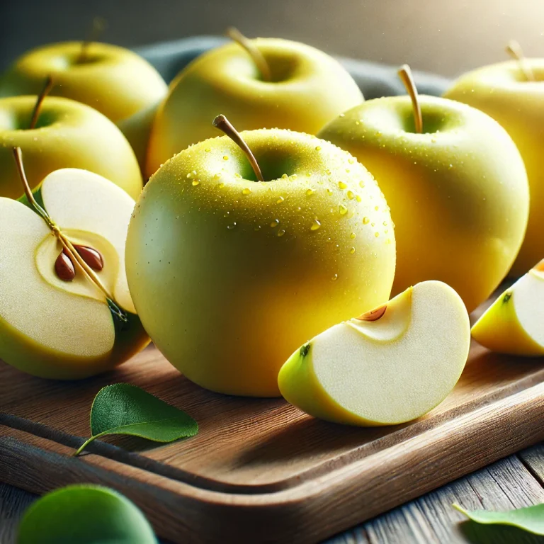 Friss Golden Delicious almák és szeletek egy vágódeszkán