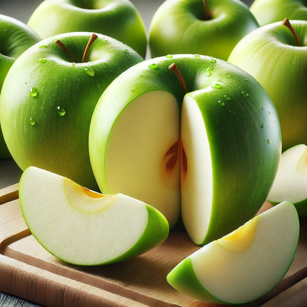 A képen friss Granny Smith almák láthatók, néhány szeletelve, kiemelve a ropogós fehér belsőt.