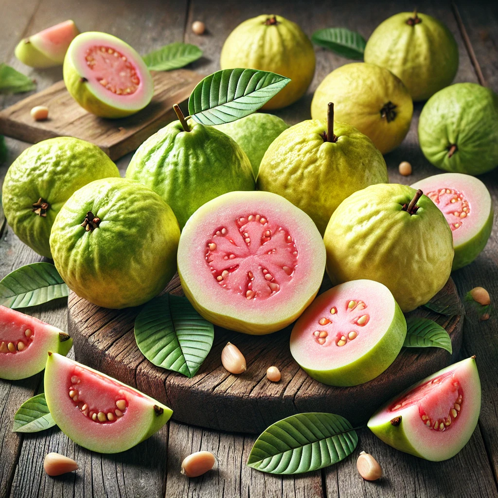 A képen egész és szeletelt guava gyümölcsök láthatók, zöld héjjal és élénk rózsaszín belsővel, trópusi levelekkel díszített faasztalon.