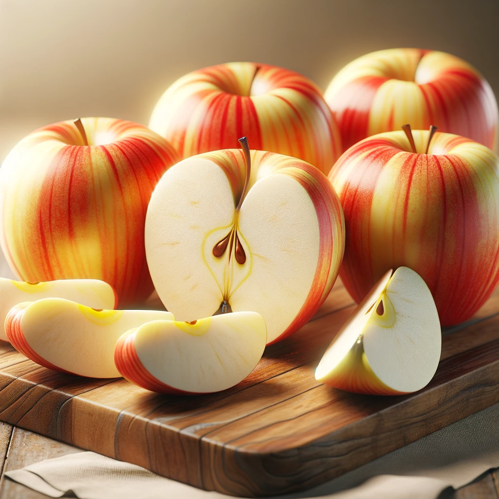 A képen friss Honeycrisp almák láthatók, néhány szeletelve, kiemelve a ropogós fehér belsőt.