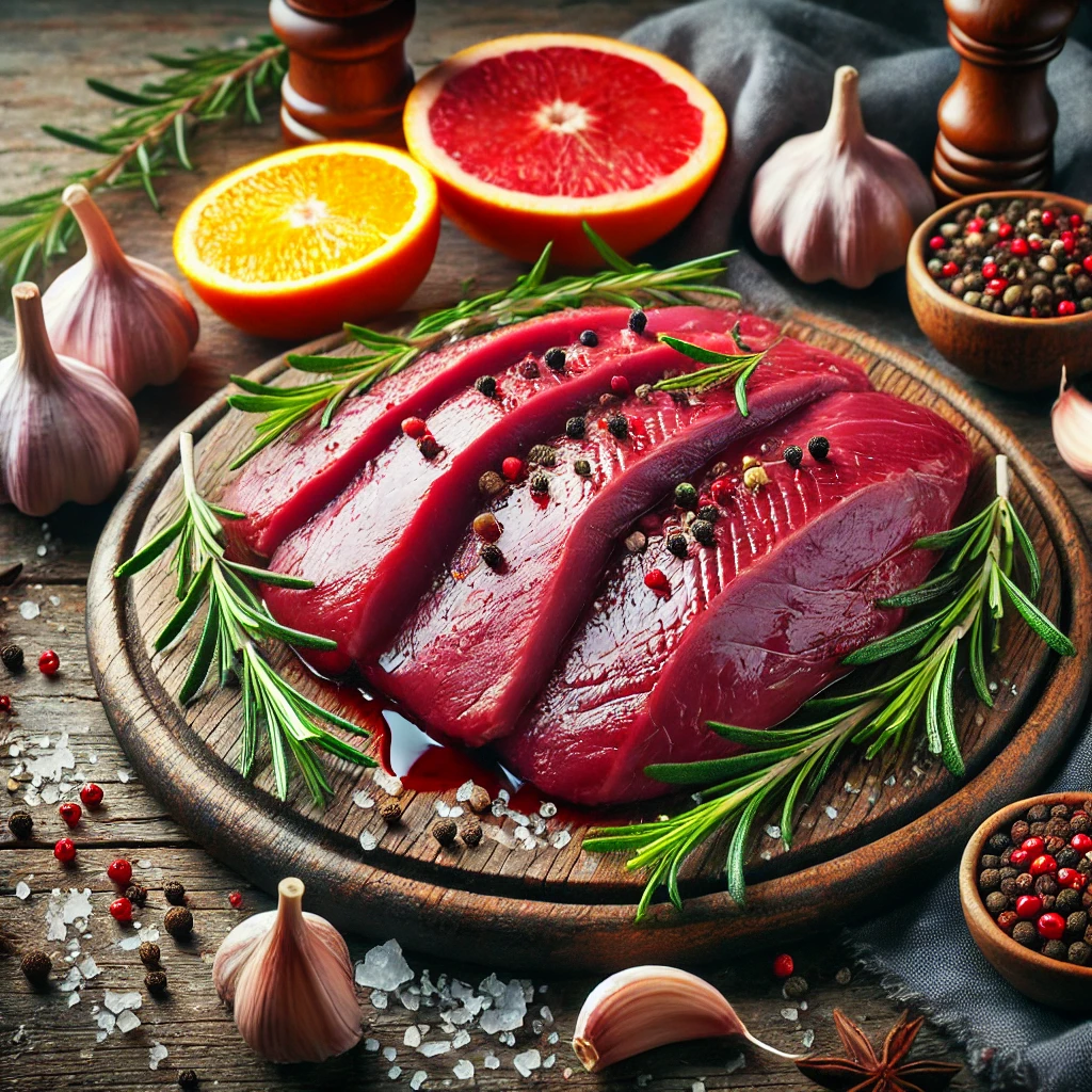 A képen mélyvörös színű, friss kacsahús darabok láthatók narancsszeletek, rozmaringágak és fokhagyma társaságában, rusztikus fa felületen.