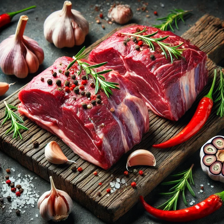Friss kecskehús darabok fűszerekkel, fokhagymával és chilivel