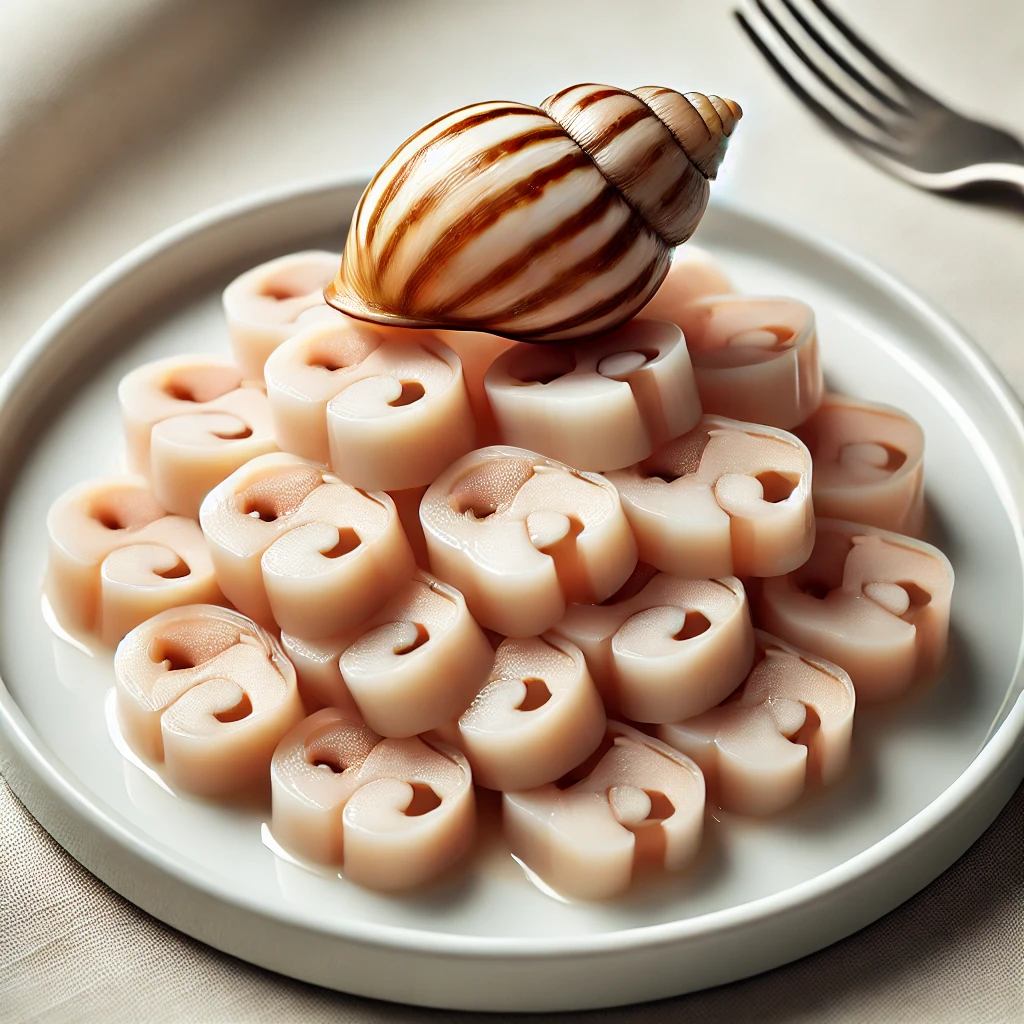 A képen a kerti csiga friss, finom húsát láthatjuk, szeletelve és elegánsan tálalva, semmi héj vagy szem.
