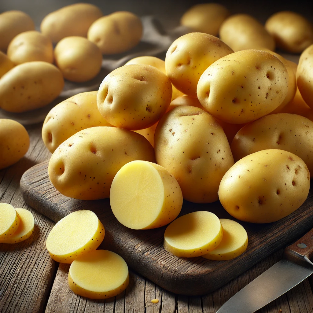 A képen friss, sárgás héjú krumplik láthatók egészben és félbevágva egy rusztikus faasztalon, természetes fényben, vágódeszkán.