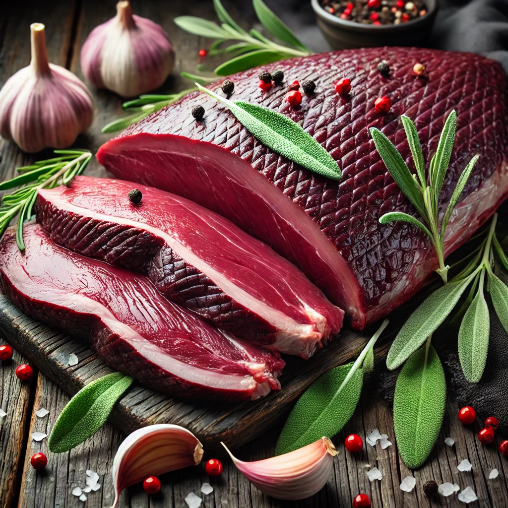 A képen sötétvörös színű, zsíros libahús darabok láthatók rusztikus fa felületen, friss zsályalevéllel, fokhagymával és borókabogyóval díszítve.