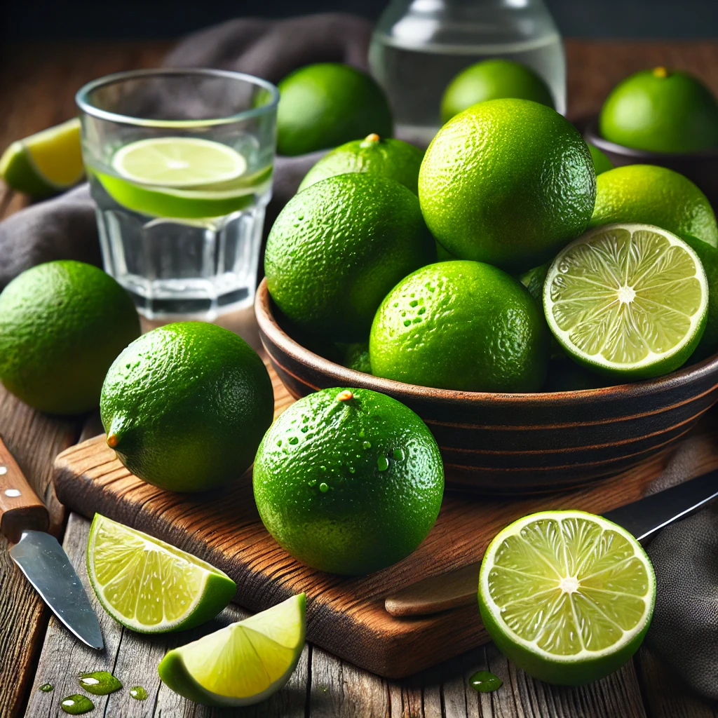 A képen friss lime-ok láthatók egészben és félbevágva, egy tálban és a fa asztalon, pohár lime víz és kés mellett, természetes fényben.