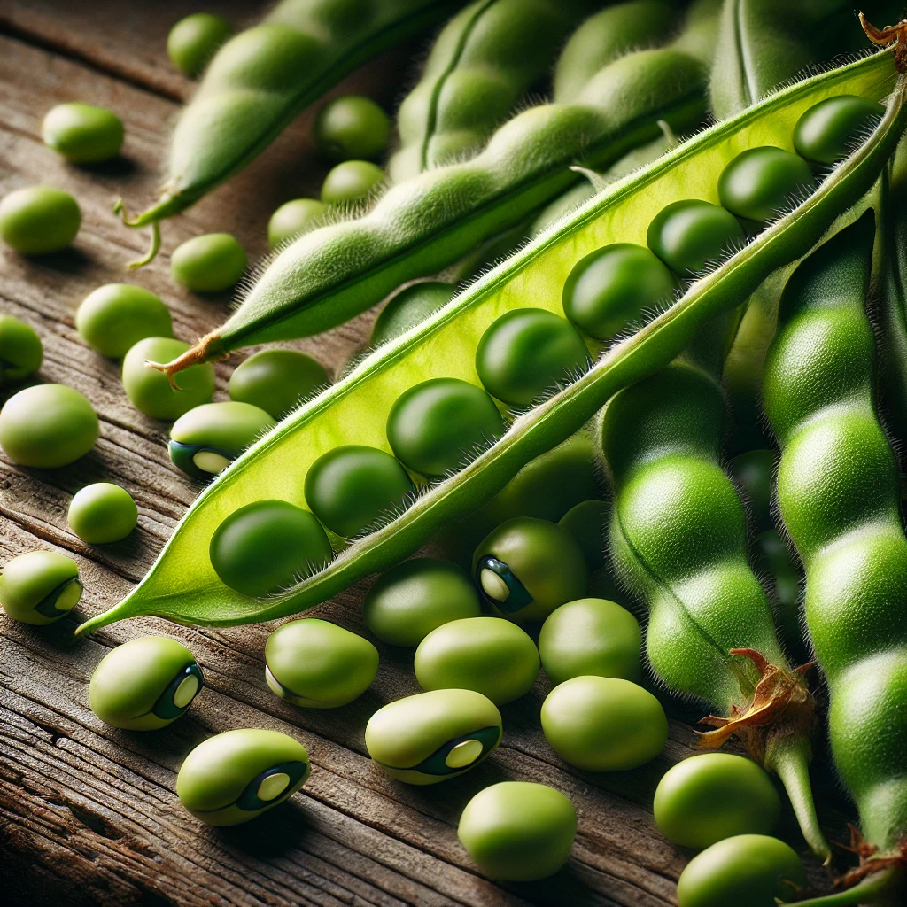 A képen friss lóbab látható: vastag zöld hüvelyek és élénkzöld, kifejtett bab szemek természetes fényben, fából készült háttéren.