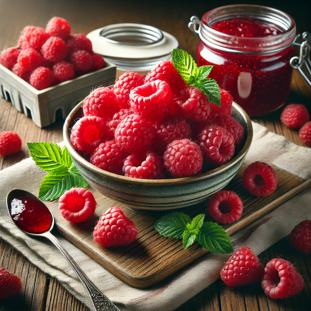 Friss, élénkpiros málnaszemek láthatók tálban és konyharuhán, mellettük házi málnalekvár, kanál és egy szál menta, természetes nyári fényben.