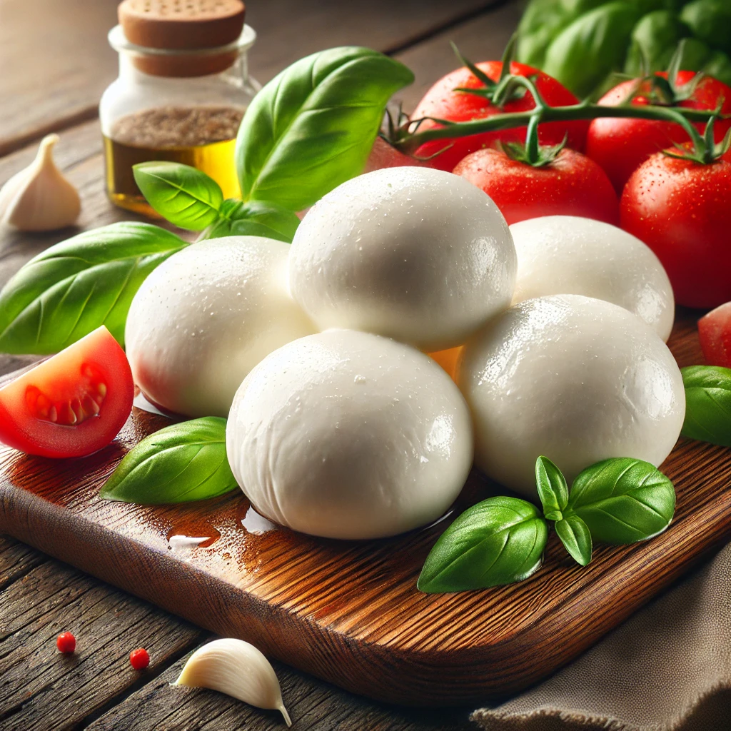 Fotórealisztikus mozzarella sajt golyók egy vágódeszkán, mellette friss bazsalikom és szeletelt paradicsom.
