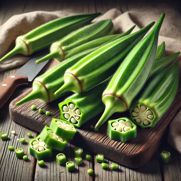 Friss okra hüvelyek, szeletelve és egészben vágódeszkán