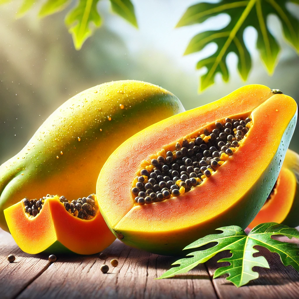 A képen egy egész és egy félbevágott papaya látható, élénk narancssárga hússal és sötét magokkal, természetes fa háttéren.
