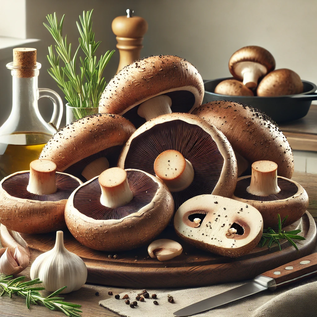 A képen friss portobello gombák láthatók nagy barna kalappal és nyitott lemezekkel, szeletelve és egészben, olívaolaj, fokhagyma és vas serpenyő társaságában.
