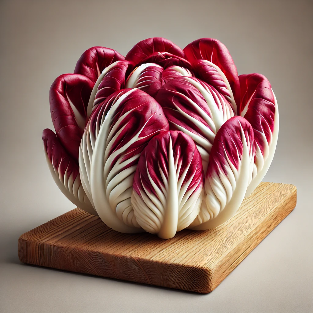 A képen friss radicchio látható, piros és fehér levelekkel, rendezetten elhelyezve egy vágódeszkán.