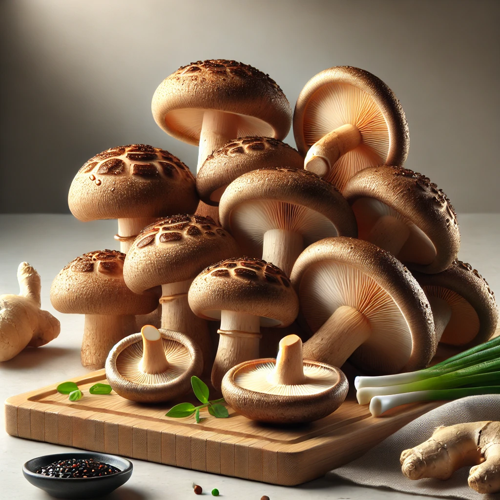A képen friss shiitake gombák láthatók barna kalappal, világos lemezekkel, bambusz vágódeszkán elrendezve, szójaszósz, gyömbér és újhagyma kíséretében.