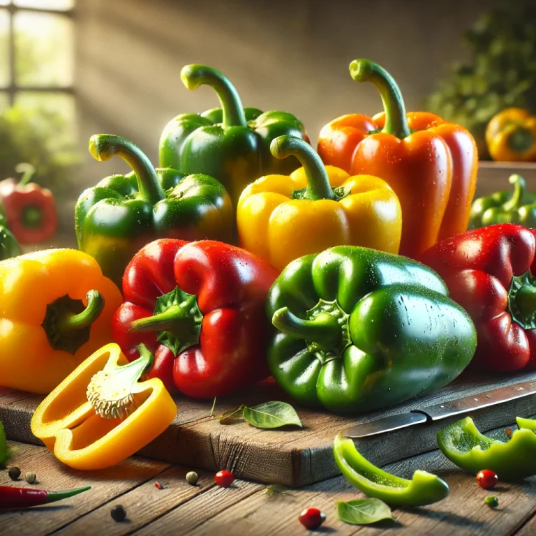 Friss piros, zöld és sárga paprika szeletelve és egészben fa felületen