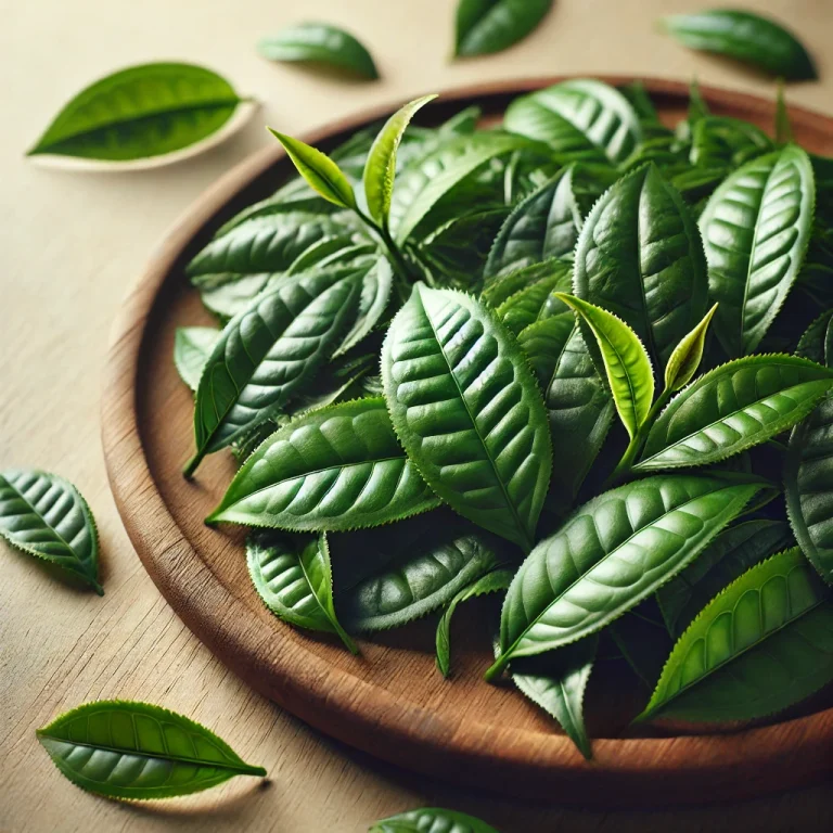 Friss tea levelek világos felületen szétszórva, élénkzöld színnel