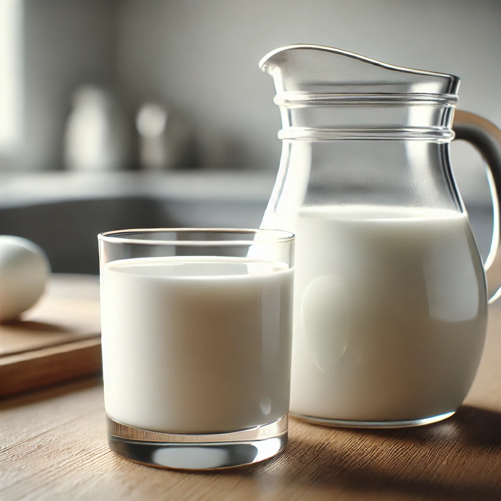 A képen egy pohár és egy kancsó friss tej látható, világos, tiszta környezetben, állati utalások nélkül, konyhai alapanyagként ábrázolva.