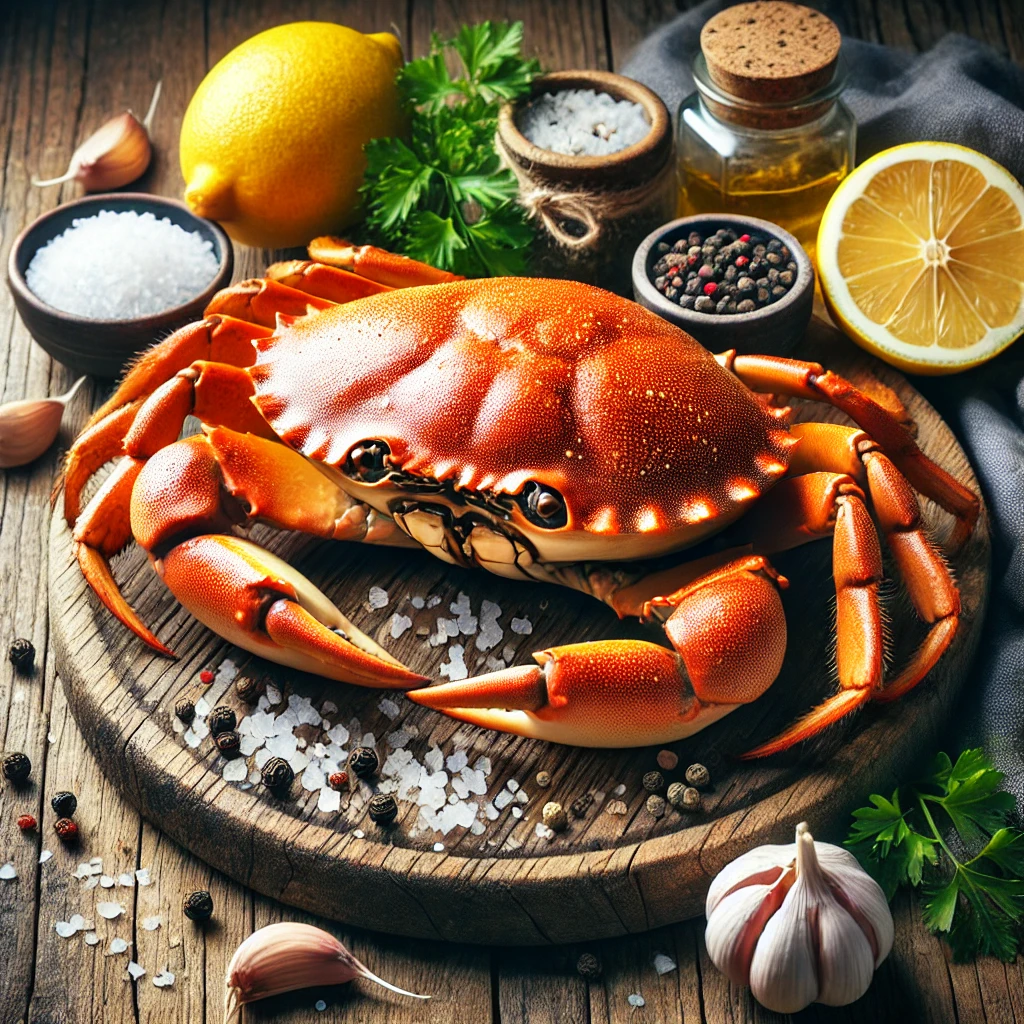 A képen egy egész friss tengeri rák látható rusztikus fa vágódeszkán, citromkarikákkal, fokhagymagerezdekkel, fekete borssal, tengeri sóval és petrezselyemmel körítve.
