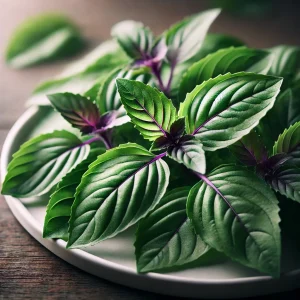 A képen a thai bazsalikom friss leveleit láthatjuk, tisztán és rendezetten tálalva, kiemelve frissességüket és gazdag zöld színüket.