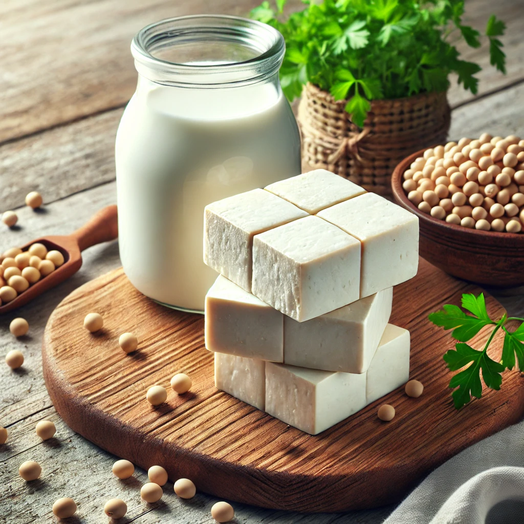 A képen friss tofu kockák láthatók egy vágódeszkán, mellette szójabab, szójatej és zöld fűszerek természetes világításban.