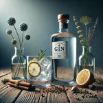 Gin üveg és pohár jéggel, borókabogyóval és fűszerekkel