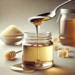 Glükóz szirup kis üvegben, mellette kanálról csorgó szirup