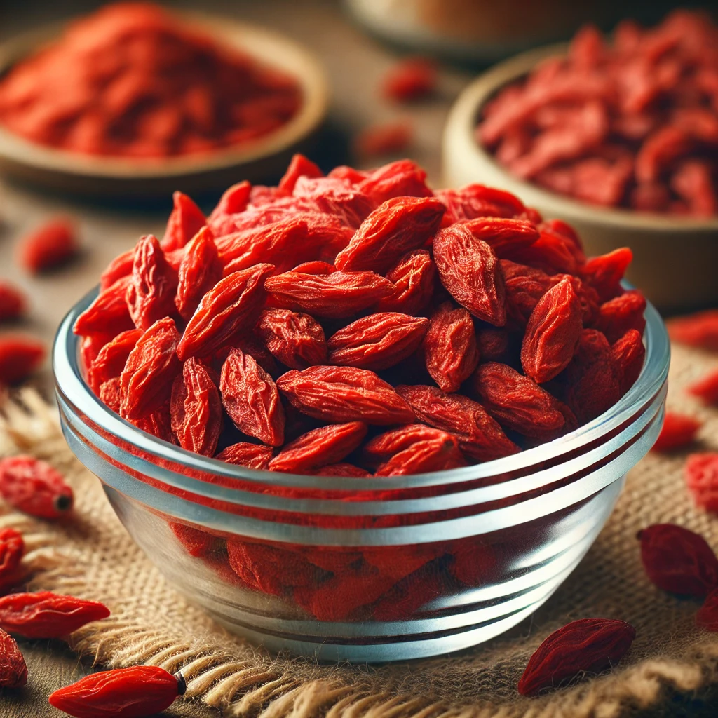 A képen goji bogyók láthatók, gazdag piros színben, egy kis üvegben elhelyezve, körülötte szárított goji bogyók a természetes forrást hangsúlyozva.