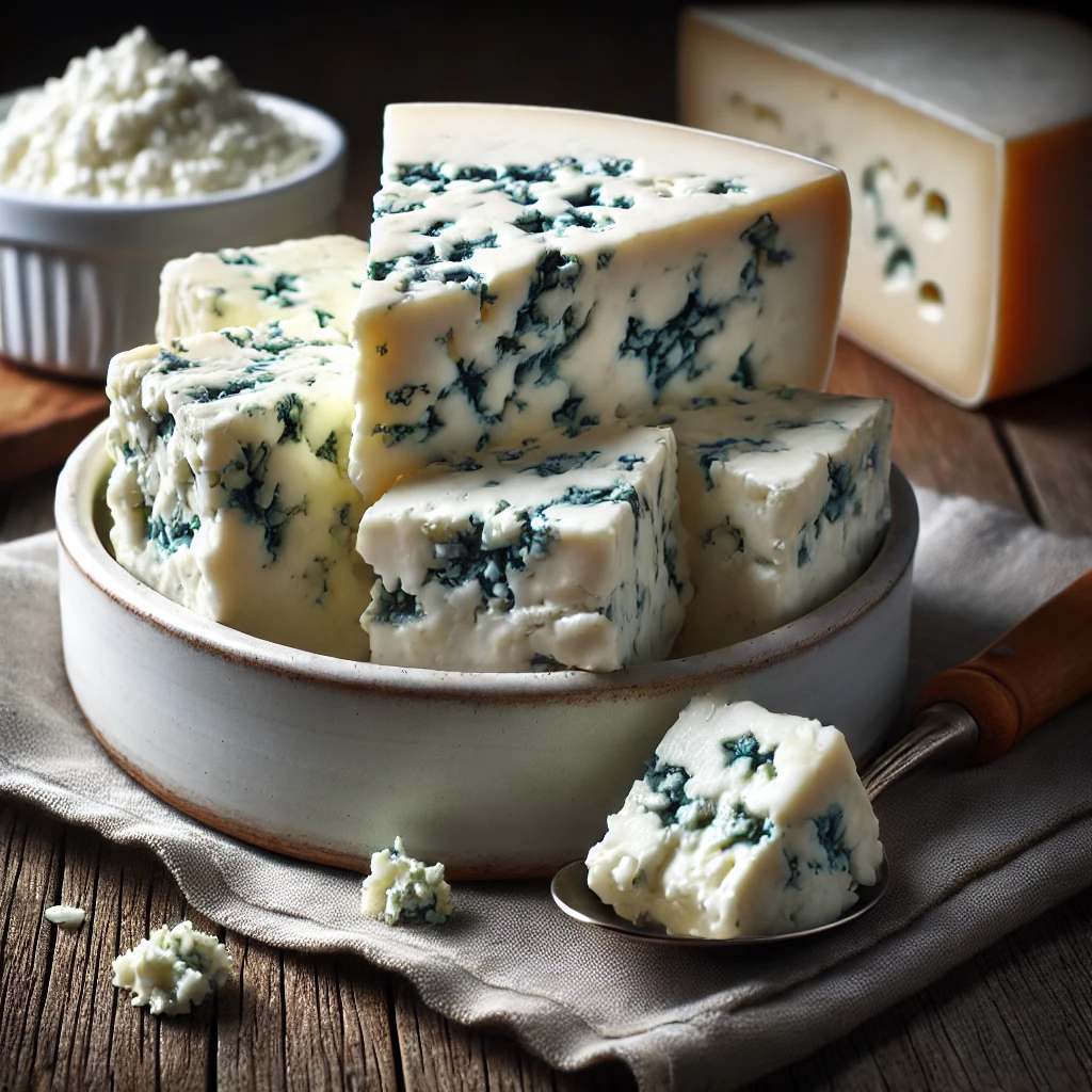 Fehér, krémes Gorgonzola kéksajt egy fehér kerámia tálban, rusztikus fa asztalon.
