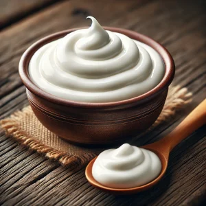 A képen sűrű, hófehér görög joghurt látható egy kerámiatálban, mellette fakanál, amely vastagon tartja a krémes joghurtot. Letisztult, rusztikus kompozíció.