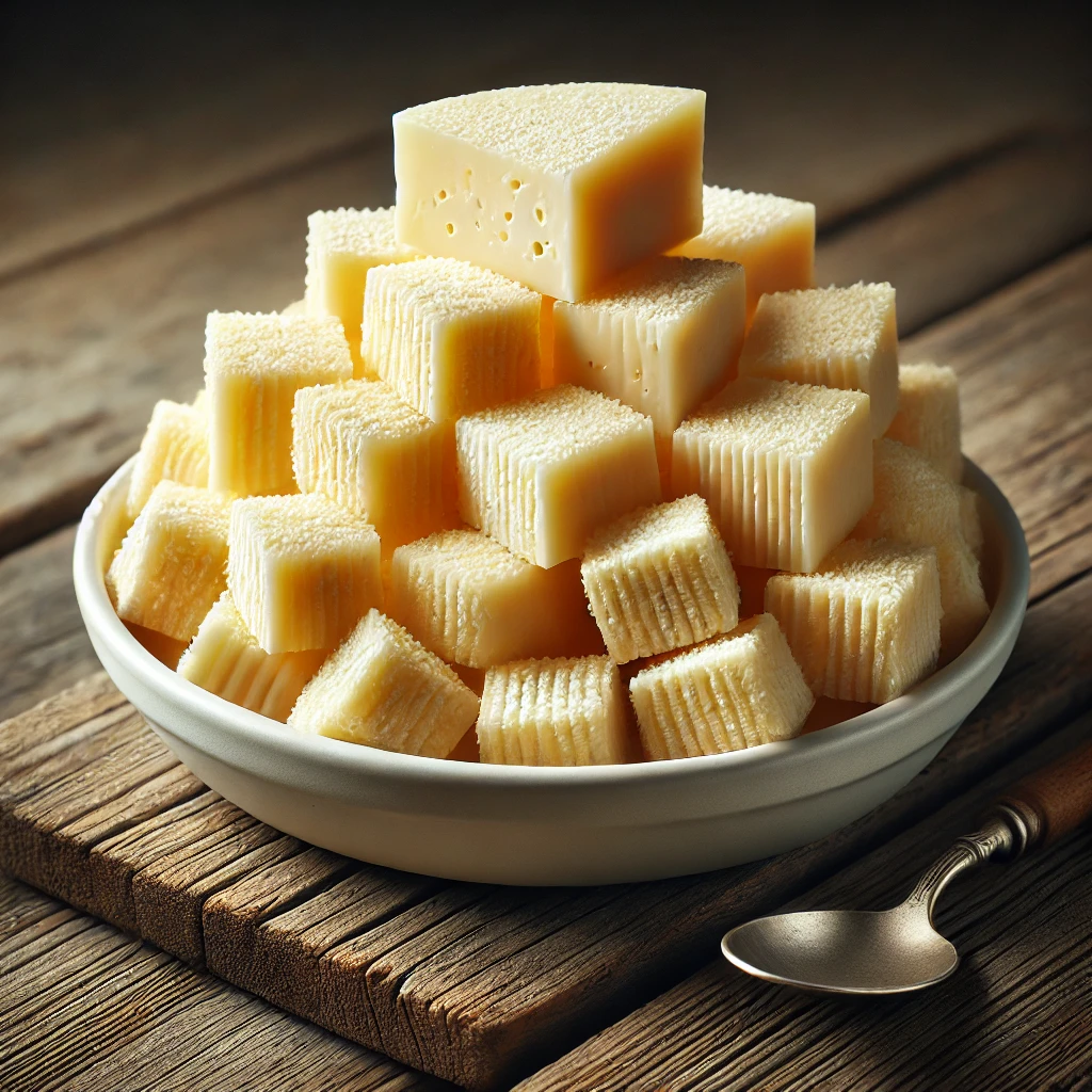 Friss, kemény textúrájú Grana Padano sajt egy fehér kerámia tálban, rusztikus fa asztalon.