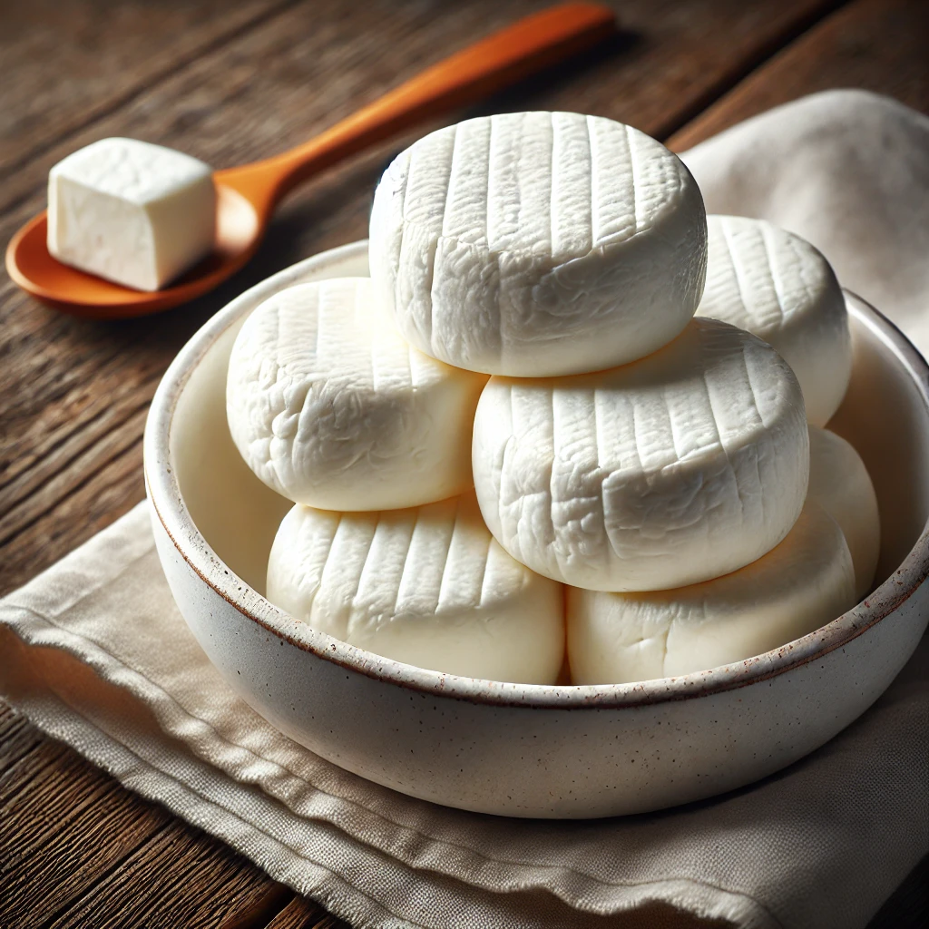 Fehér, rugalmas halloumi sajt egy fehér kerámia tálban, rusztikus fa asztalon.