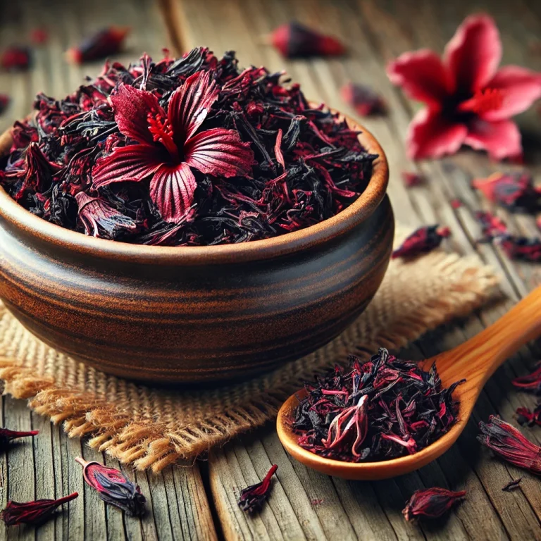 Szárított hibiszkusz szirmok tálban, fakanállal, konyhai felületen szétszórva