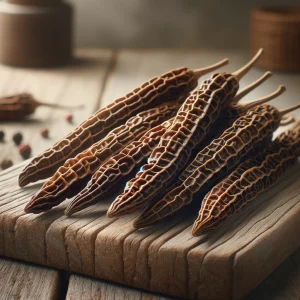 A képen hosszú bors szemek láthatók, egy fából készült pulton.