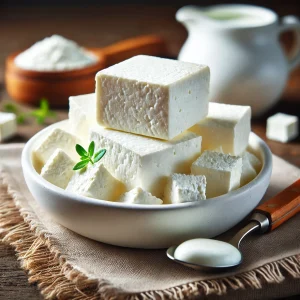 Fehér, morzsás állagú friss paneer sajt egy fehér kerámia tálban, rusztikus fa asztalon.