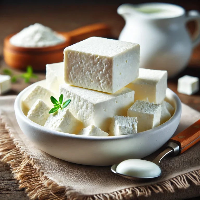 Friss indiai paneer sajt egy fehér kerámia tálban, fa asztalon