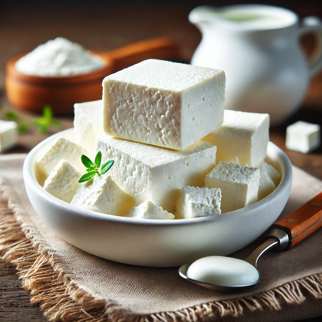 Fehér, morzsás állagú friss paneer sajt egy fehér kerámia tálban, rusztikus fa asztalon.