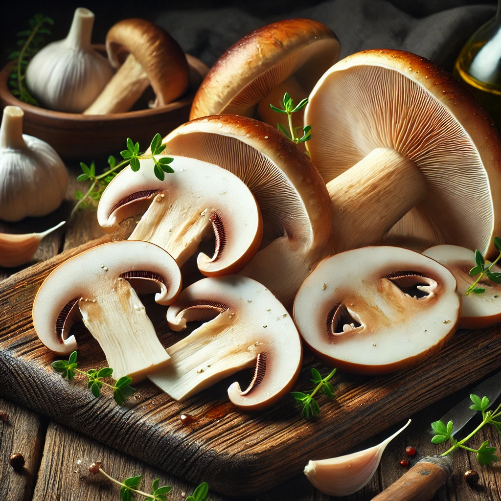 A képen frissen szeletelt ízletes vargánya (Boletus edulis) látható rusztikus fa vágódeszkán, fűszerekkel és fokhagymával körítve, gourmet stílusban.