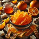 Kandírozott narancshéj tálban, friss narancsdarabokkal, cukorral és mézzel