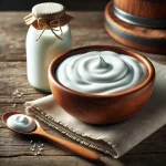 Fehér, krémes kefir egy tálban, rusztikus faasztalon