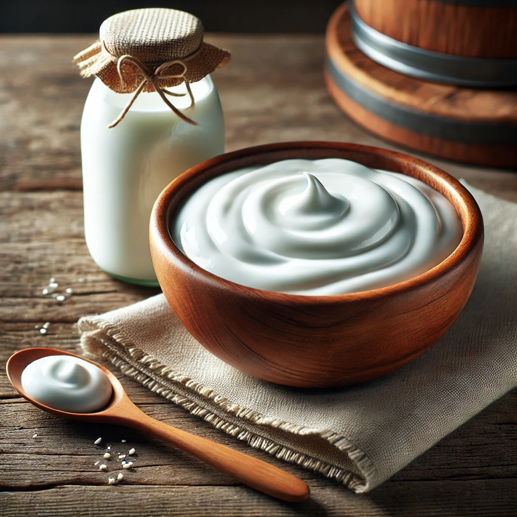 Egy tál friss, krémes kefir egy rusztikus faasztalon, mellette üveg palackban is látható az ital.