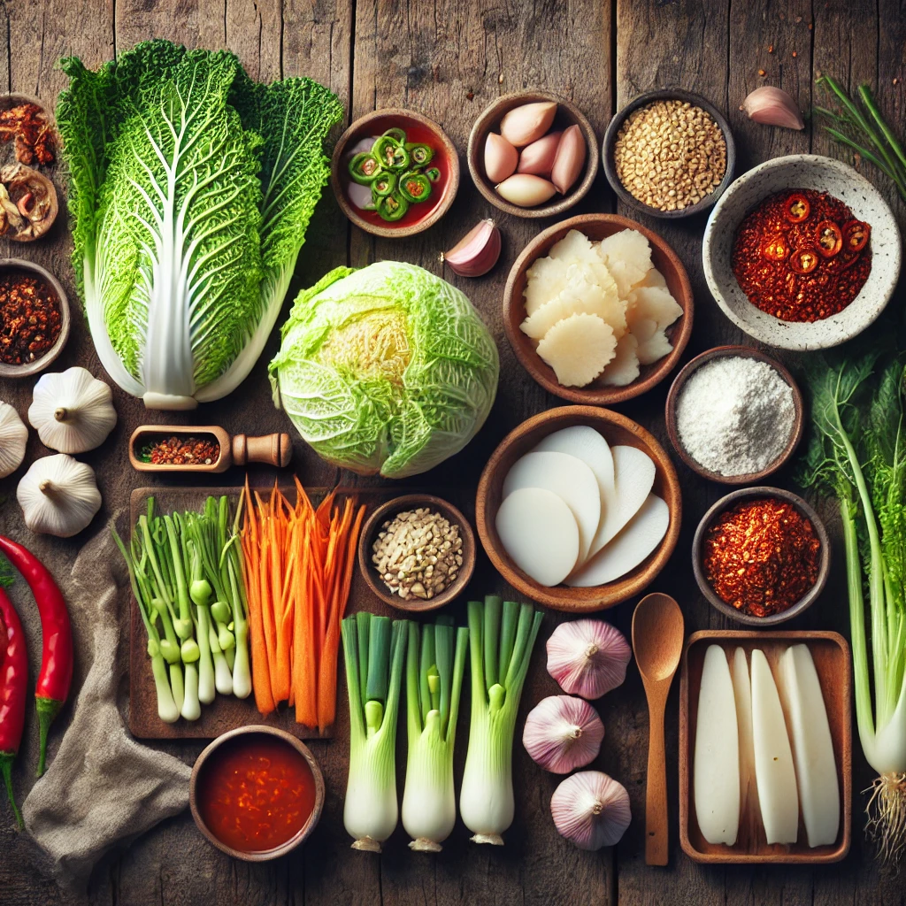 A képen nyers kimchi hozzávalók láthatók: sózott kínai kel, felszeletelt retek és répa, gochugaru, rizspaszta, halszósz, fokhagyma, gyömbér és újhagyma – minden előkészítve fermentálásra.