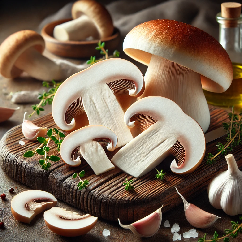 A képen frissen szeletelt királyvargánya látható egy rusztikus fa vágódeszkán, fokhagymagerezdekkel, kakukkfűvel és olívaolajjal körítve.